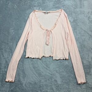 Gaze Tie Front Cardigan Women‎ XS Pink Ribbed Lettuce Trim Long Sleeve Y2K Crop